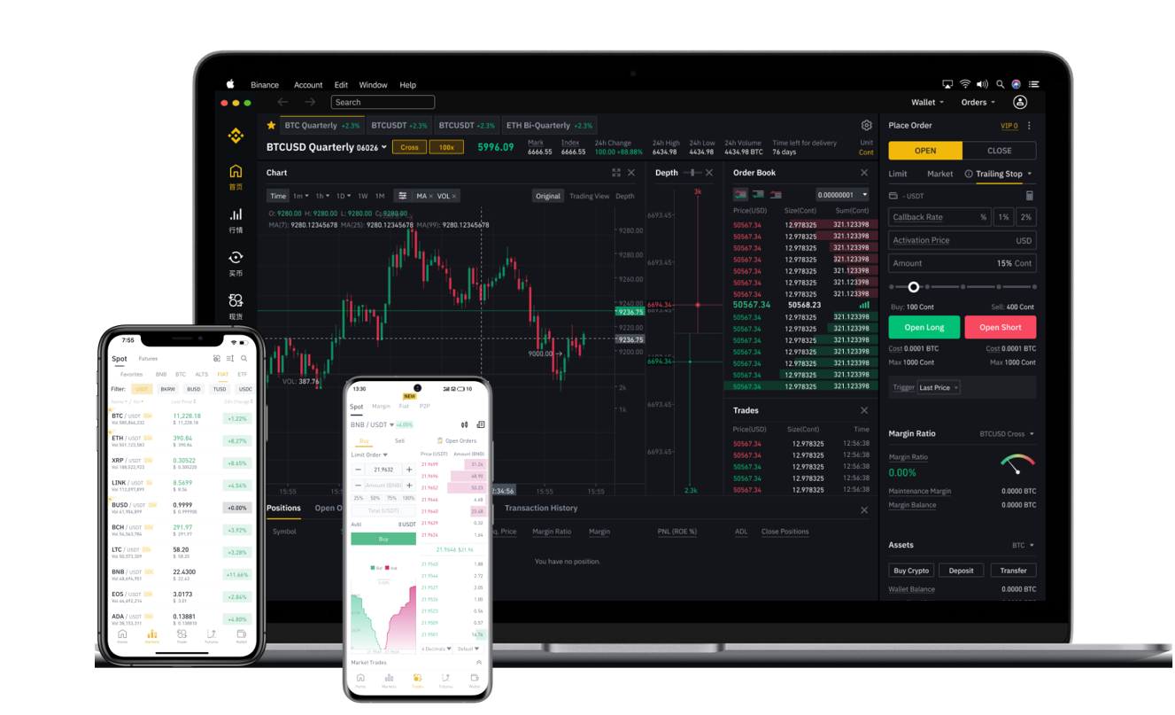 Binance 桌面与移动端界面参考，展示行情、图表与交易面板